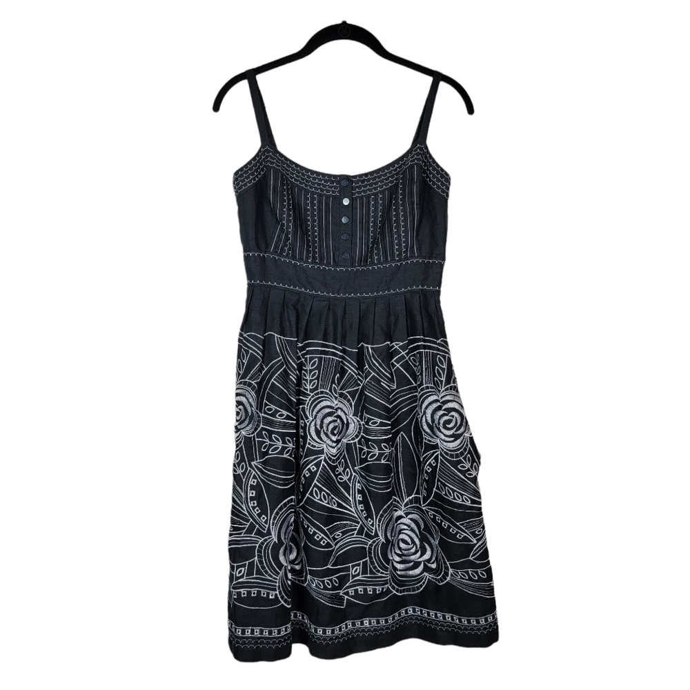 Cynthia Steffe Classic Sundress Black Linen White Floral Embroidered Dress‎ Sz 6